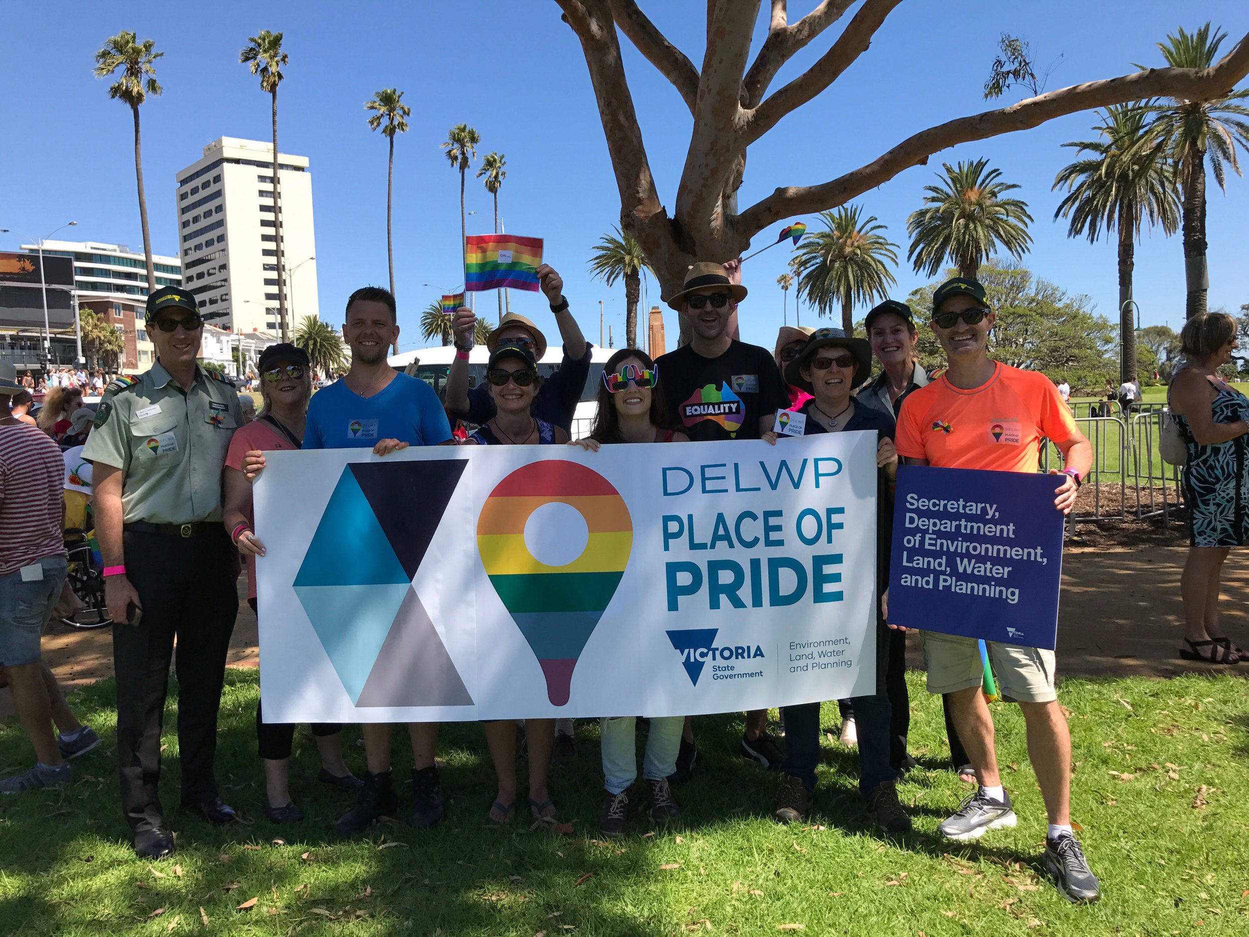 With the DELWP Place of Pride LGBTI network team at the 2017 Melbourne Pride March.
