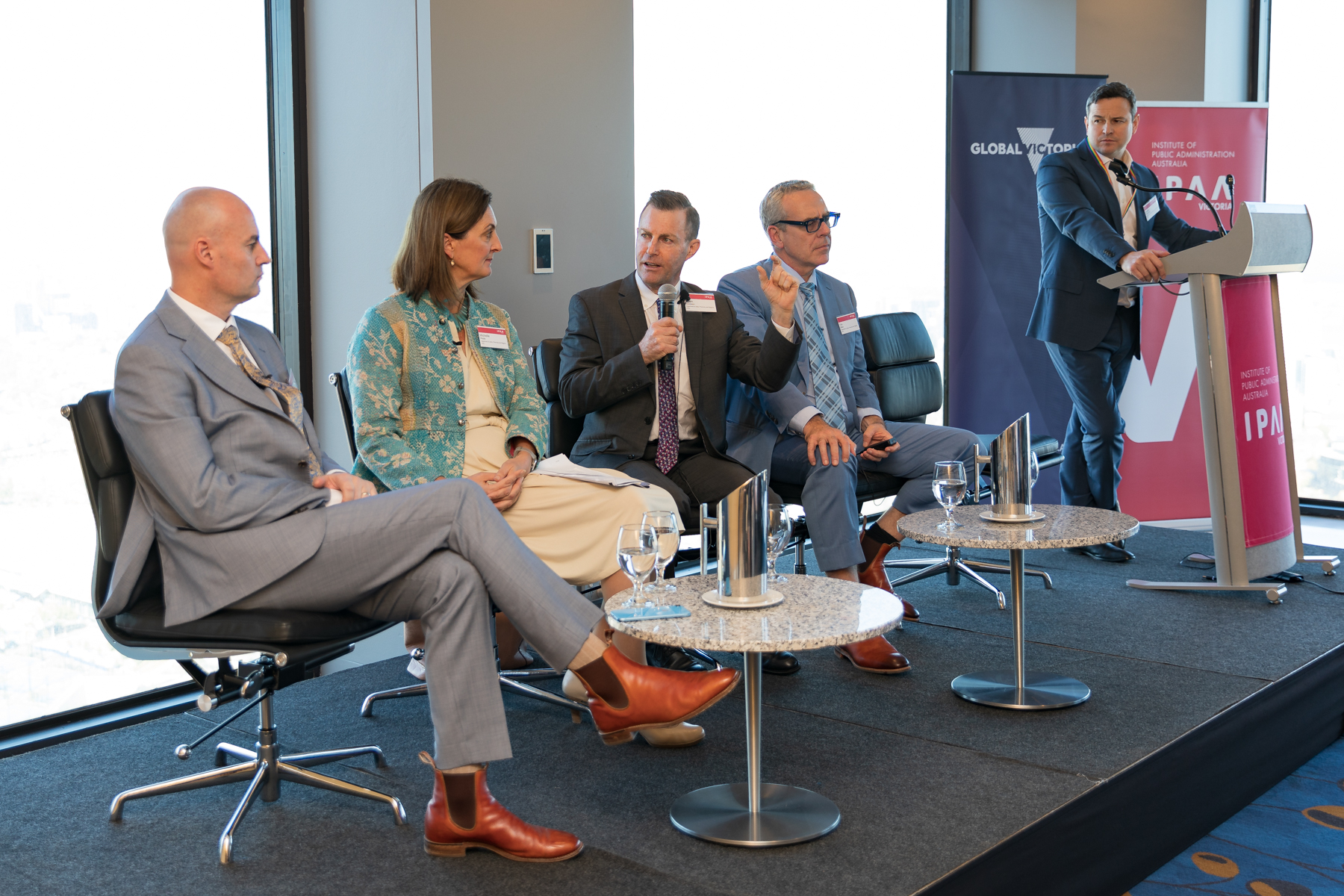 Speakers at the ‘In Conversation with Victoria’s Commissioners to Asia’ event - L-R: Brett Stevens, Michelle Wade, Adam Cuneen, Tim Dillon and Simon Phemister. (Photo credit: Sarah Heseltine/Global Victoria)