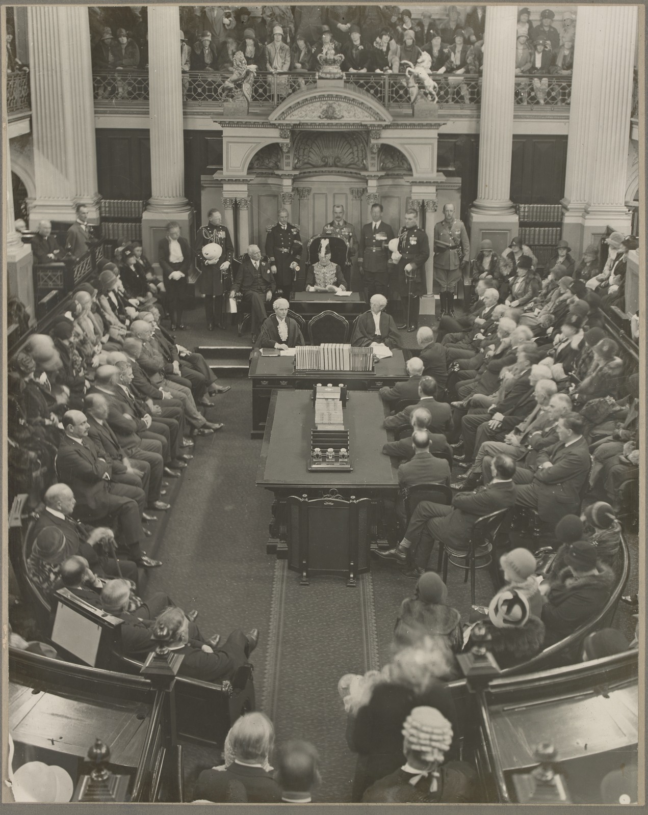 The opening of the Victorian Parliament by the Hon. Sir William Irvine, Lieutenant-Governor of Victoria, on 3rd July 1929. Source: State Library of Victoria.